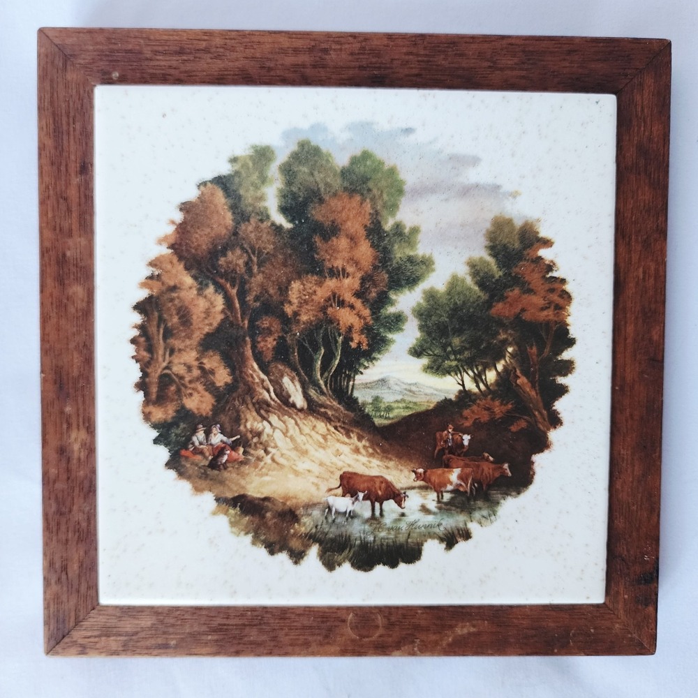 Vintage Hans van Hunnik Ceramic Tile Trivet 70s Framed‎ Dutch Pastoral Cow Scene